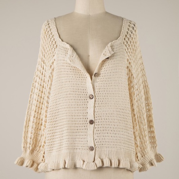 Miracle Cozy Crochet Button down Ruffle Sweater Top - Picture 13 of 16